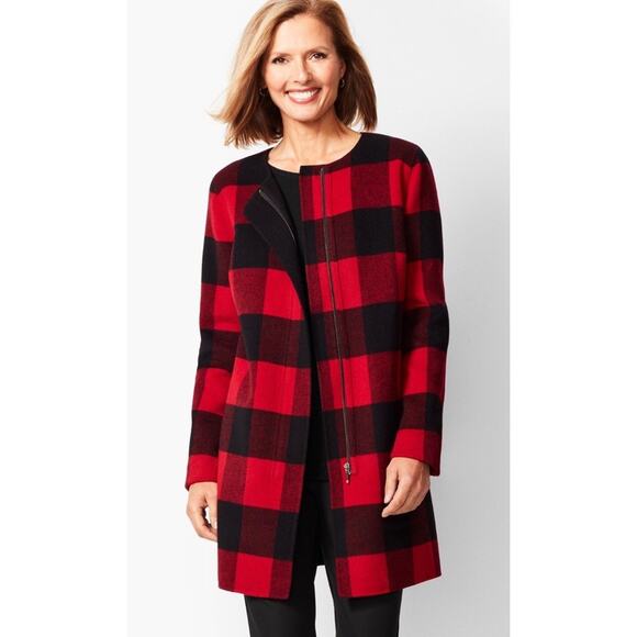 Talbots Women Size S Red Black Buffalo Plaid Wool Jacket Coat Zip Up Boiled Wool - Picture 1 of 11